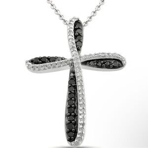 🔥 NWT Black White Rhinestone Cross Pendant on Silver Chain